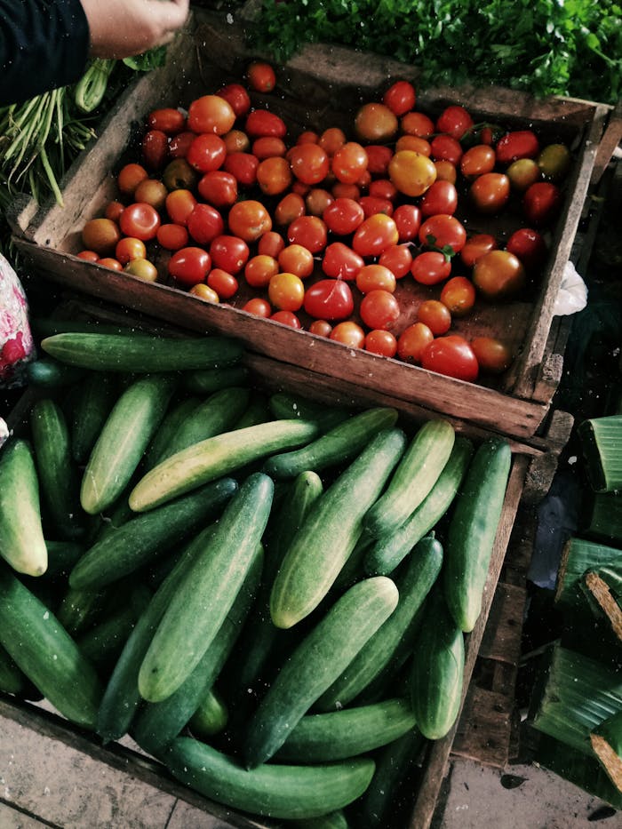 collection-01 Vibrant tomatoes and cucumbers on display at a local farmers market.